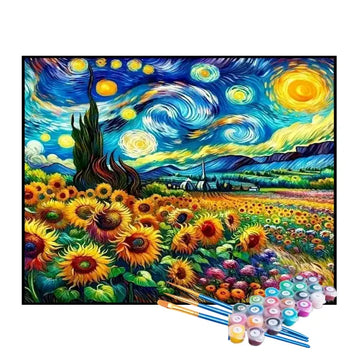 Kit de Pintura Numerada - A Noite Entrelaçada e os Girassóis de Van Gogh