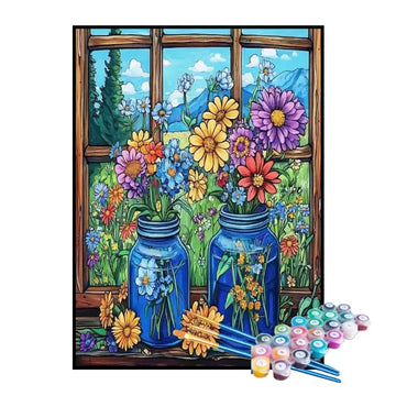 Kit de Pintura Numerada - Vasos de Plantas Coloridas na Janela
