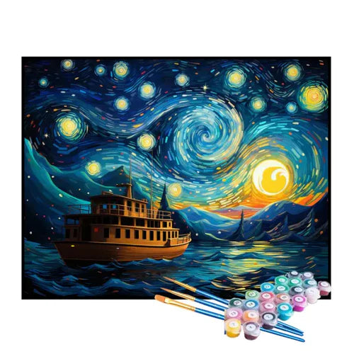 Kit de Pintura Numerada - Barco na Noite Estrelada