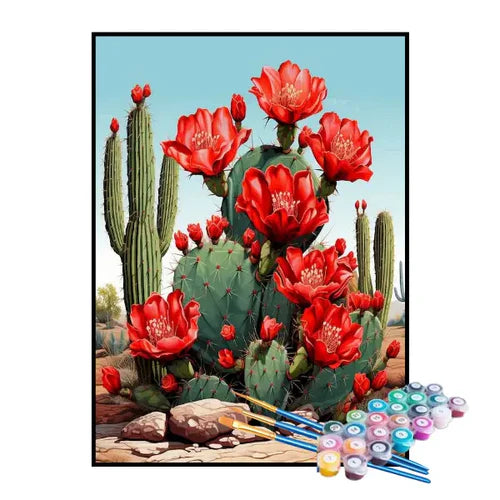 Kit de Pintura Numerada - Flores Vermelhas no Cacto