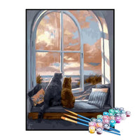 Kit de Pintura Numerada - Gatos Observando a Vista da Janela