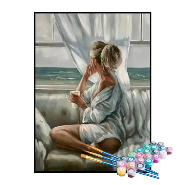 Kit de Pintura Numerada - Mulher Observando o Mar pela Janela