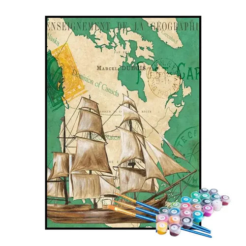 Kit de Pintura Numerada - Navio sobre o Mapa-Múndi