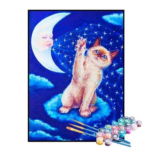 Kit de Pintura Numerada - Gatinho Tocando a Luz da Lua