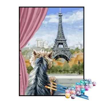 Kit de Pintura Numerada - Yorkshire Contemplando a Torre Eiffel