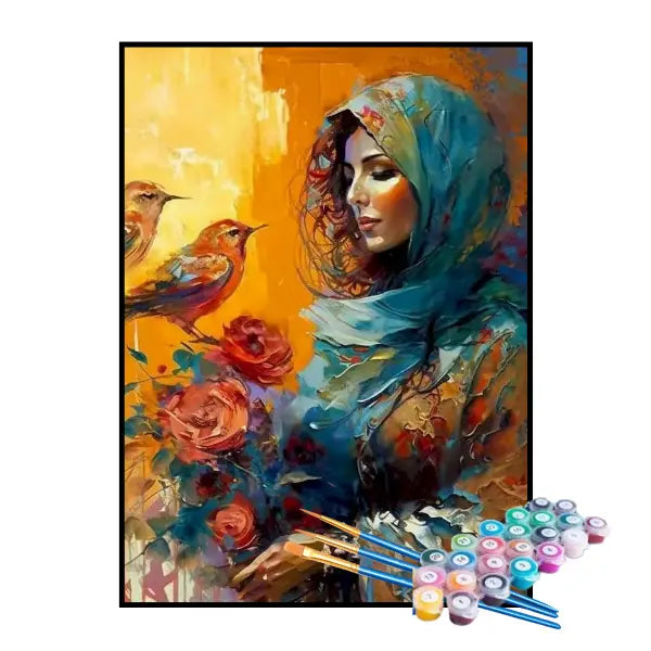 Kit de Pintura Numerada - Mulher Cuidando dos Pássaros