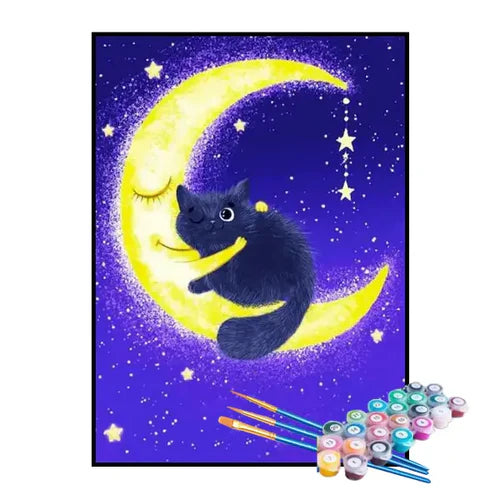 Kit de Pintura Numerada - Gatinho Abraçado na Lua