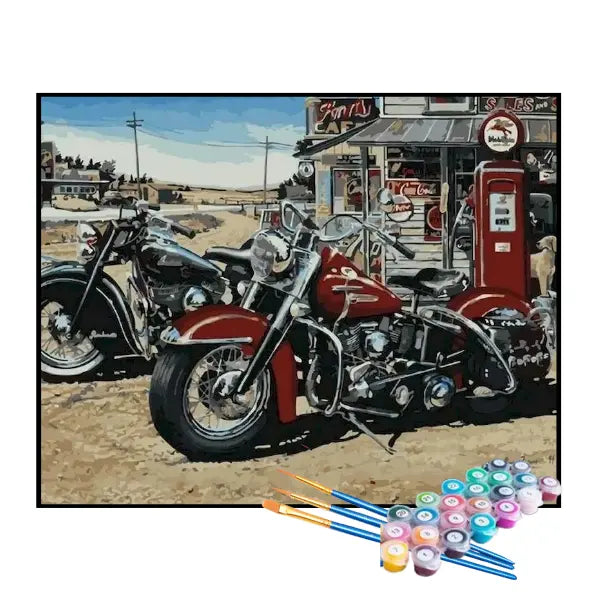 Kit de Pintura Numerada - Motos no Posto de Gasolina