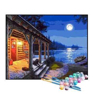 Kit de Pintura Numerada - A Lua Iluminando o Chalé no Lago