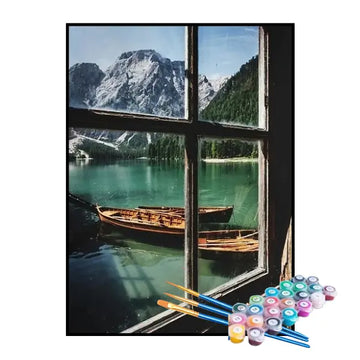 Kit de Pintura Numerada - Barcos na Costa Vista da Janela