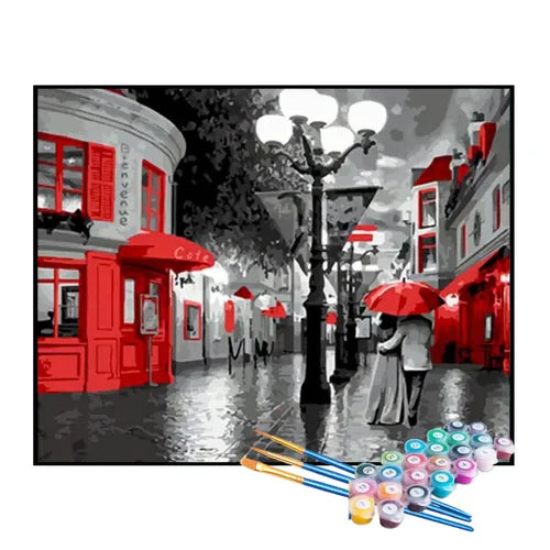 Kit de Pintura Numerada - Centro da Cidade em Tons de Vermelho