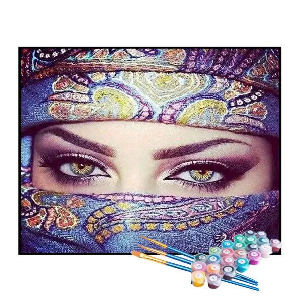 Kit de Pintura Numerada - Mulher de Olhos Claros sob o Véu