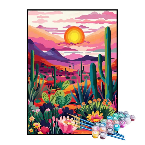 Kit de Pintura Numerada - Cactos e Pôr do Sol no Deserto