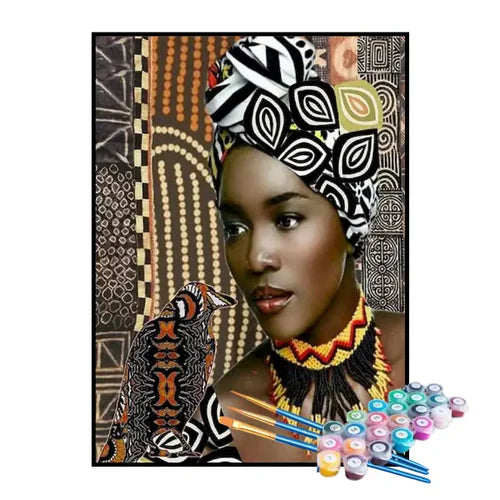 Kit de Pintura Numerada - Mulher com Turbante Preto e Branco