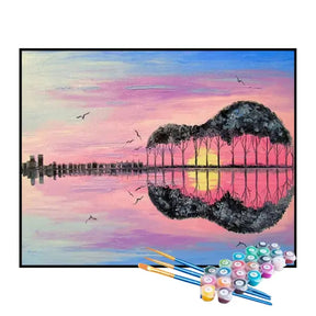 Kit de Pintura Numerada - Floresta em Forma de Guitarra ao Pôr do Sol