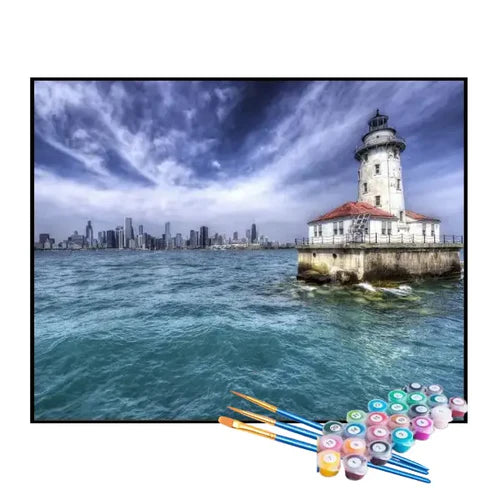 Kit de Pintura Numerada - Farol Branco no Mar