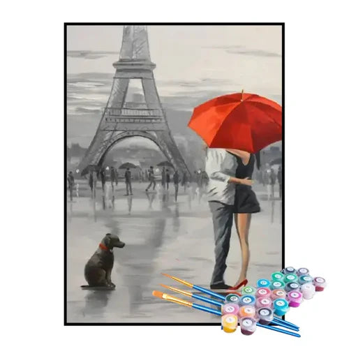 Kit de Pintura Numerada - Casal Apaixonado com seu Cãozinho em Paris