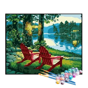 Kit de Pintura Numerada - Espreguiçadeiras à Beira do Lago