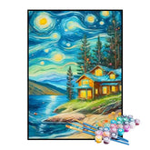 Kit de Pintura Numerada - Casa no Lago Sob a Noite Estrelada