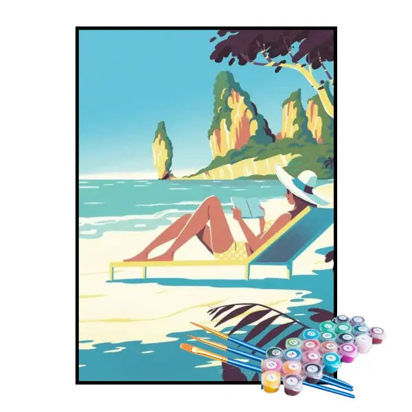 Kit de Pintura Numerada - Mulher Tomando Sol na Praia
