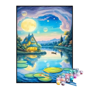 Kit de Pintura Numerada - Casa no Lago Sob a Luz da Lua