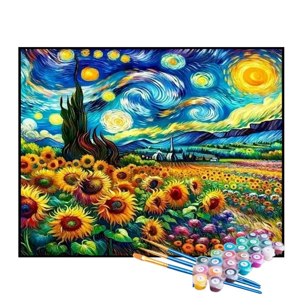 Kit de Pintura Numerada - A Noite Entrelaçada e os Girassóis de Van Gogh