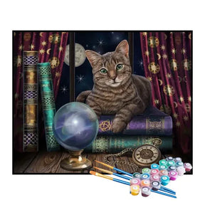 Kit de Pintura Numerada - Gato Místico com Bola de Cristal