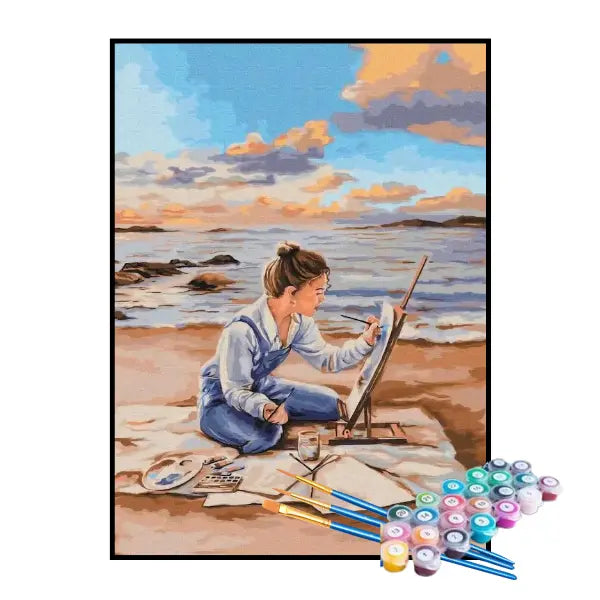 Kit de Pintura Numerada - Menina Pintando na Praia