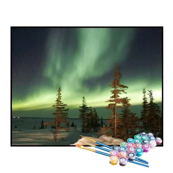 Kit de Pintura Numerada - Aurora Boreal em Tons Esverdeados