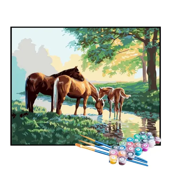Kit de Pintura Numerada - Família de Cavalos no Lago