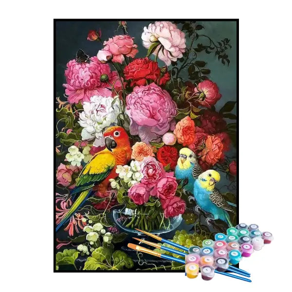 Kit de Pintura Numerada - Arranjo de Flores e pássaros