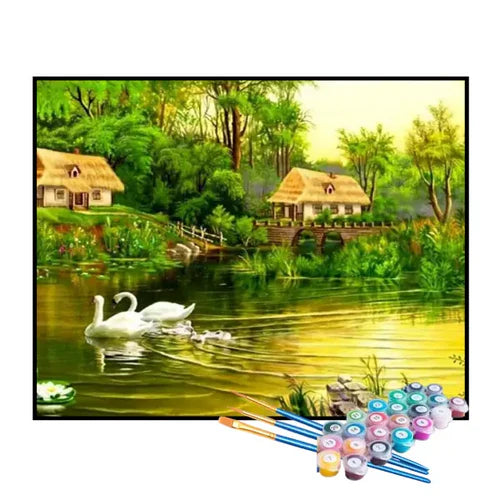 Kit de Pintura Numerada - Cabana à Beira do Lago na Floresta