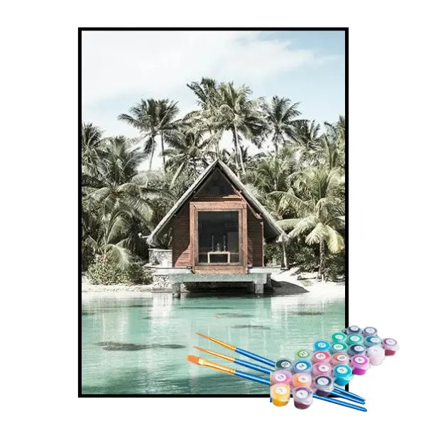 Kit de Pintura Numerada - Cabana Rústica na Praia Paradisíaca