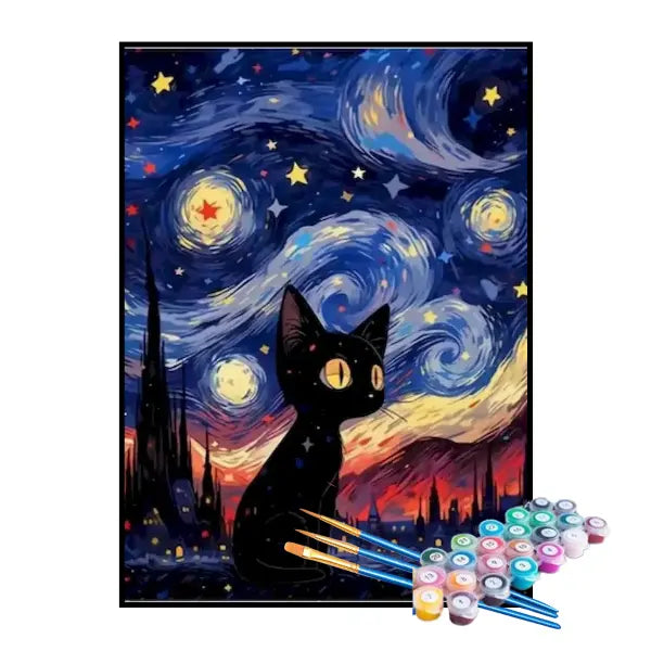 Kit de Pintura Numerada - Gatinho Preto Sob a Noite Estrelada