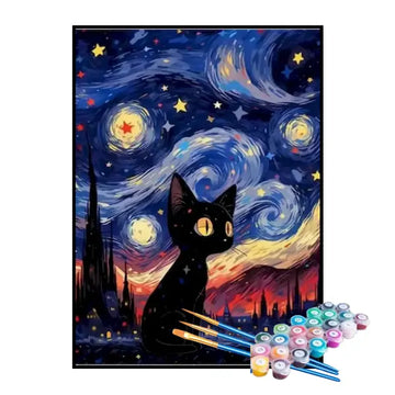 Kit de Pintura Numerada - Gatinho Preto Sob a Noite Estrelada