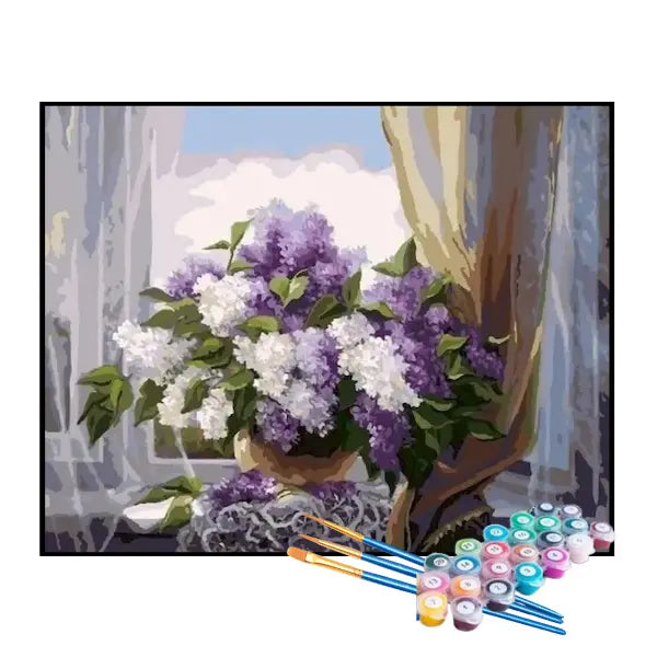Kit de Pintura Numerada - Vaso com Lavandas Roxas e Brancas