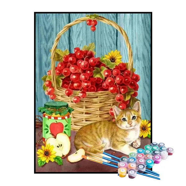 Kit de Pintura Numerada - A Cesta de Cerejas e o Gatinho
