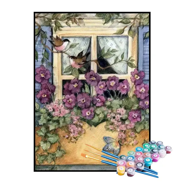 Kit de Pintura Numerada - Flores Roxas na Janela
