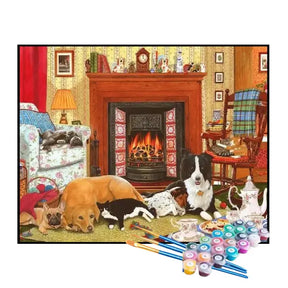 Kit de Pintura Numerada - Animais Perto da Lareira