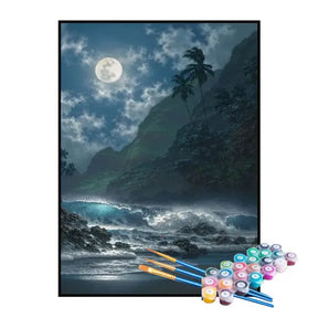 Kit de Pintura Numerada - Lua Cheia Atrás das Nuvens na Praia