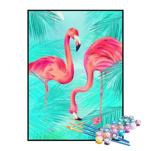 Kit de Pintura Numerada - Flamingos no Céu Azul