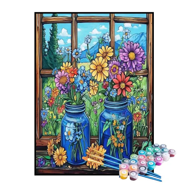 Kit de Pintura Numerada - Vasos de Plantas Coloridas na Janela