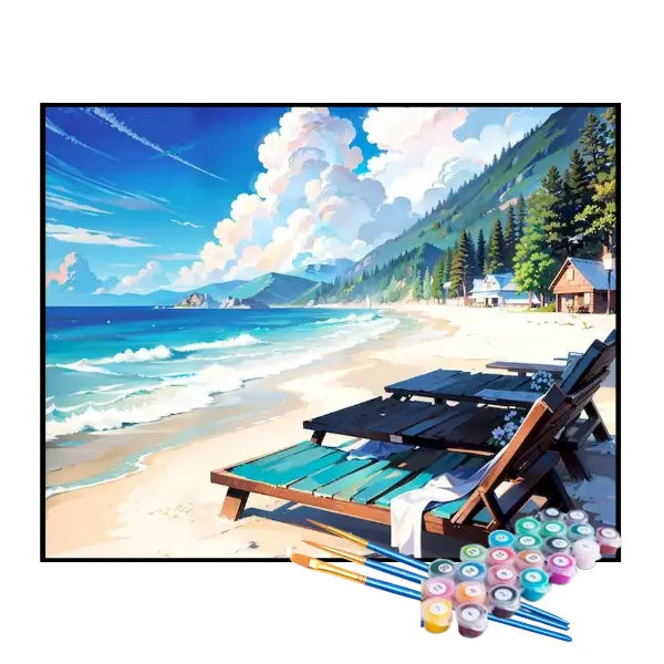 Kit de Pintura Numerada - Espreguiçadeiras na Areia da Praia