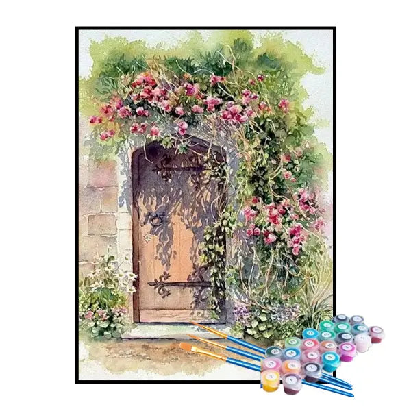 Kit de Pintura Numerada - Flores na Porta em Aquarela