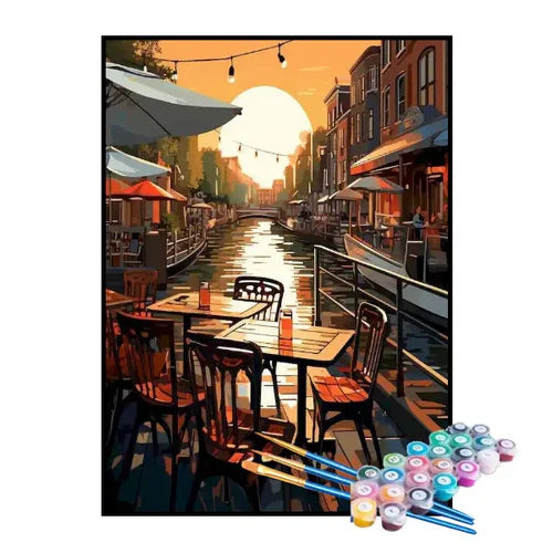 Kit de Pintura Numerada - Restaurante Tranquilo ao Nascer do Sol
