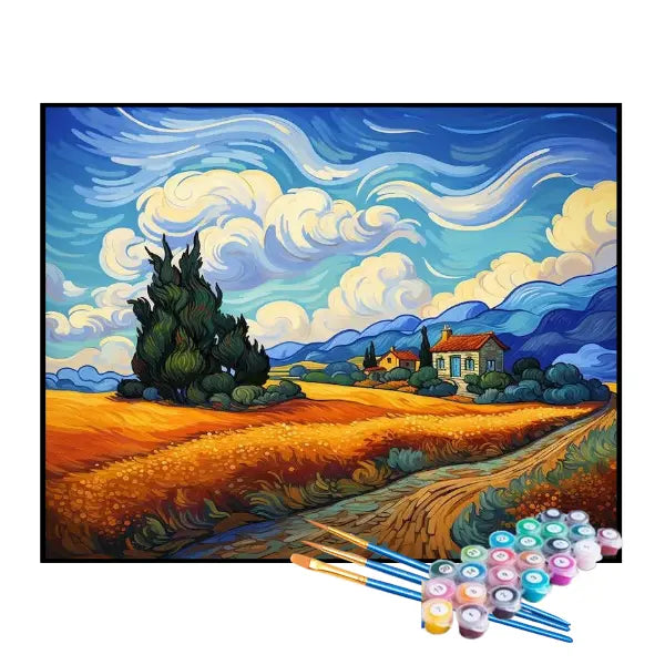 Kit de Pintura Numerada - Releitura Campo de Trigo com Ciprestes de Van Gogh