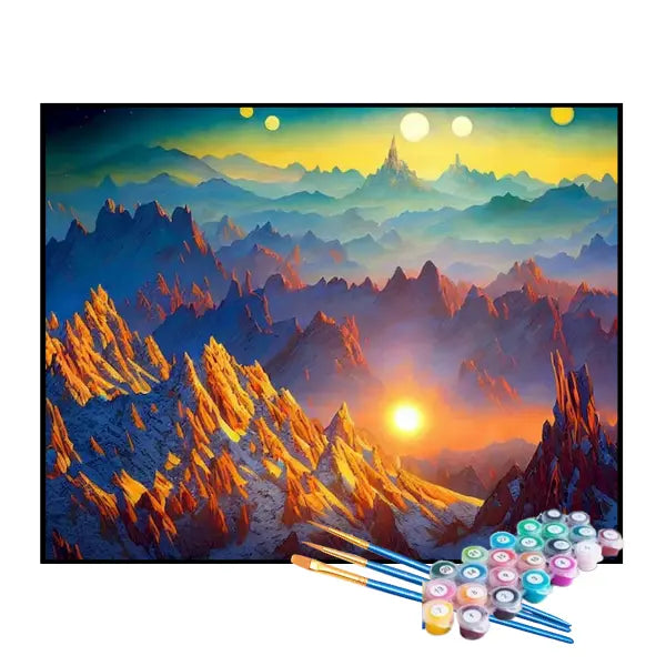Kit de Pintura Numerada - Sol Nascendo Entre as Montanhas
