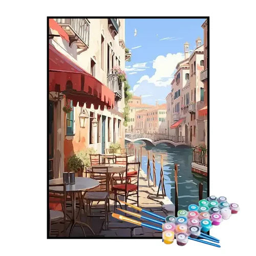 Kit de Pintura Numerada - Restaurante à Beira do Riacho na Cidade