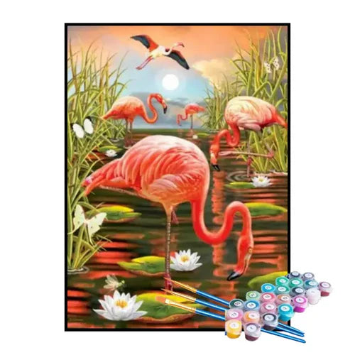 Kit de Pintura Numerada - Família de Flamingos no Lago
