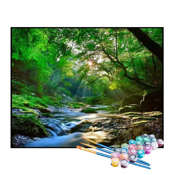 Kit de Pintura Numerada - Riacho Entre as Árvores na Floresta